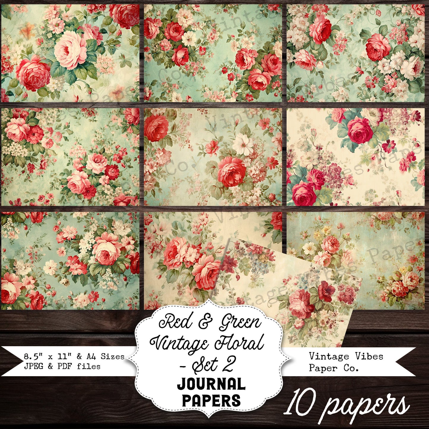 Vintage Floral junk journal paper kit, Christmas flower papers for Junk journals, scrapbooking and card making, festive junk journal pages