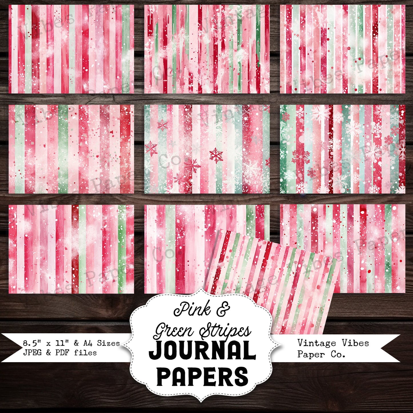 Pink & green Grunge Candy Stripe Christmas junk journal papers, digital Festive background papers for Junk journaling and scrapbooking