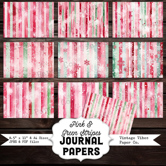 Pink & green Grunge Candy Stripe Christmas junk journal papers, digital Festive background papers for Junk journaling and scrapbooking