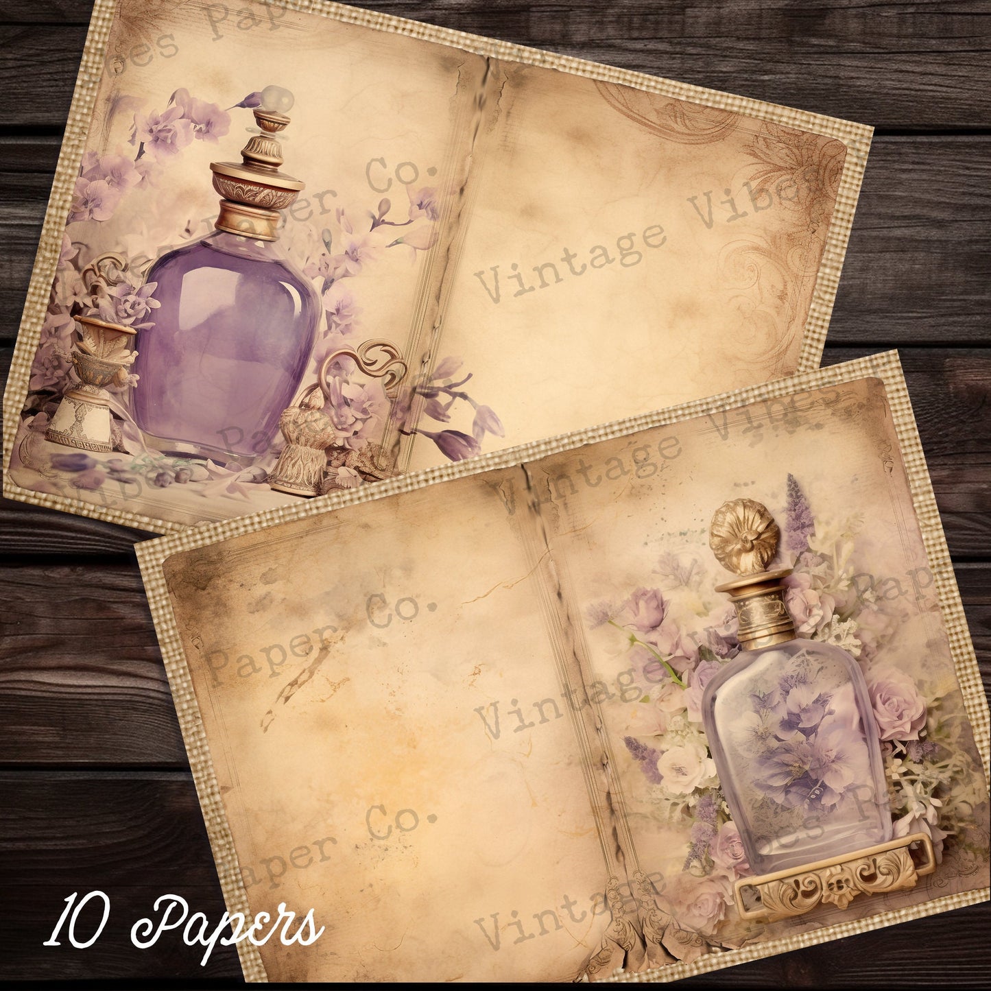 Vintage Junk journal purple perfume bottles junk journal pages, shabby chic printable papers, digital collage pages for journaling