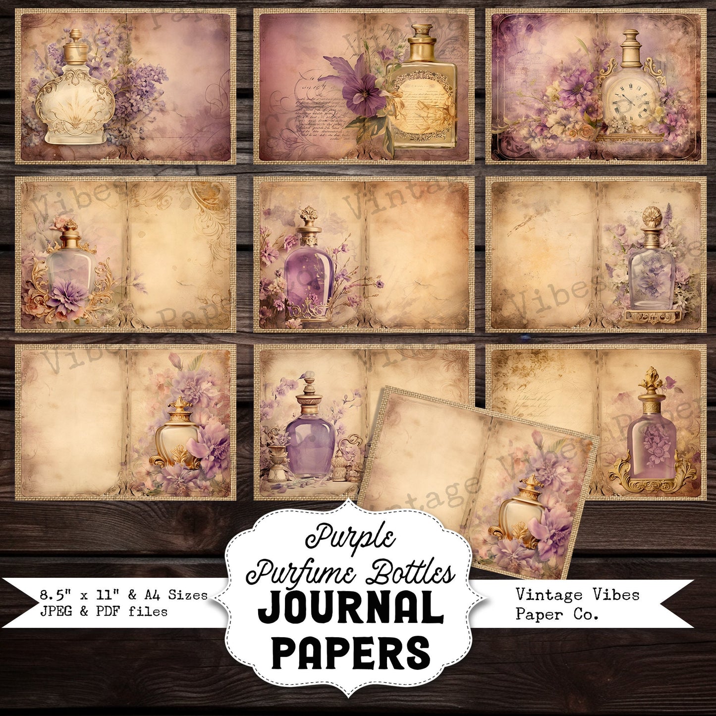 Vintage Junk journal purple perfume bottles junk journal pages, shabby chic printable papers, digital collage pages for journaling