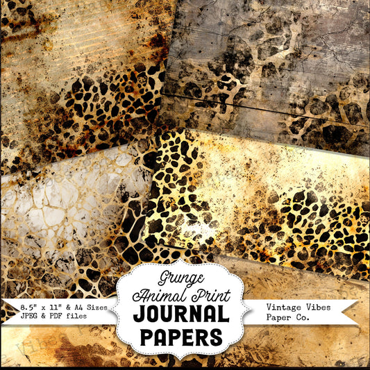 Grunge animal print digital junk journal papers, mixed media collage textured animal leopard print pages for scrapbooking & junk journals