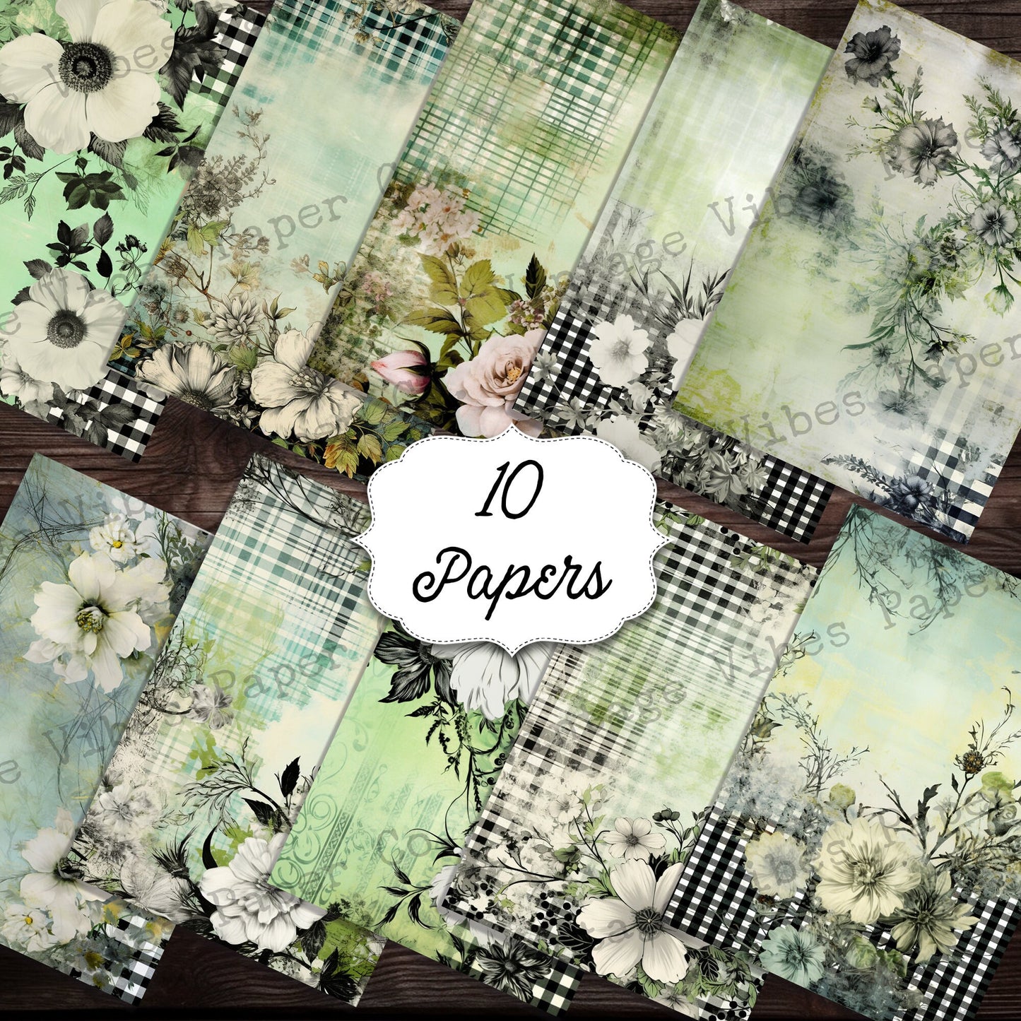 Vintage Floral junk journal paper kit, Grunge green plaid papers for Junk journals, scrapbooking and card making, festive junk journal pages