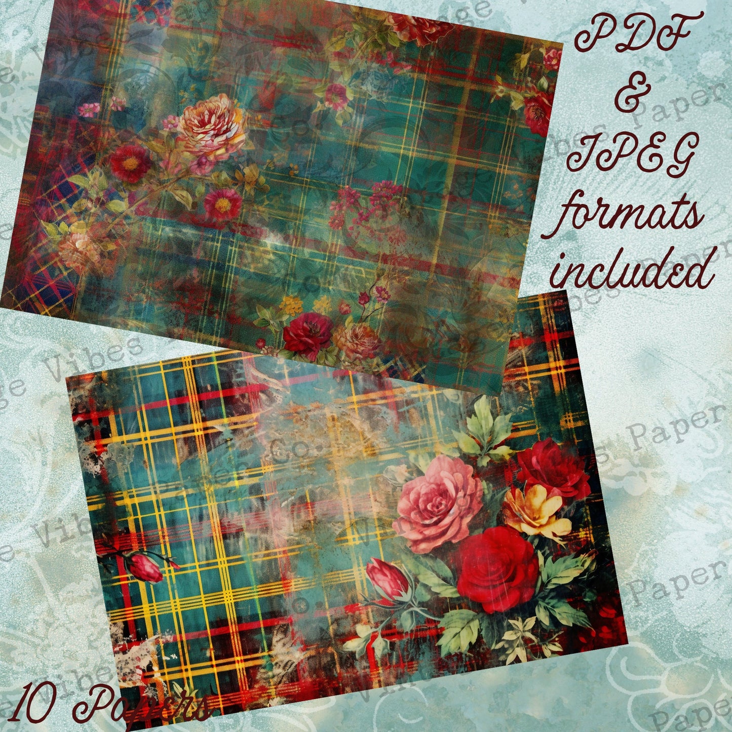 Grungy Floral junk journal papers, Grunge red & green tartan floral grunge papers for Junk journals, scrapbooking and card making