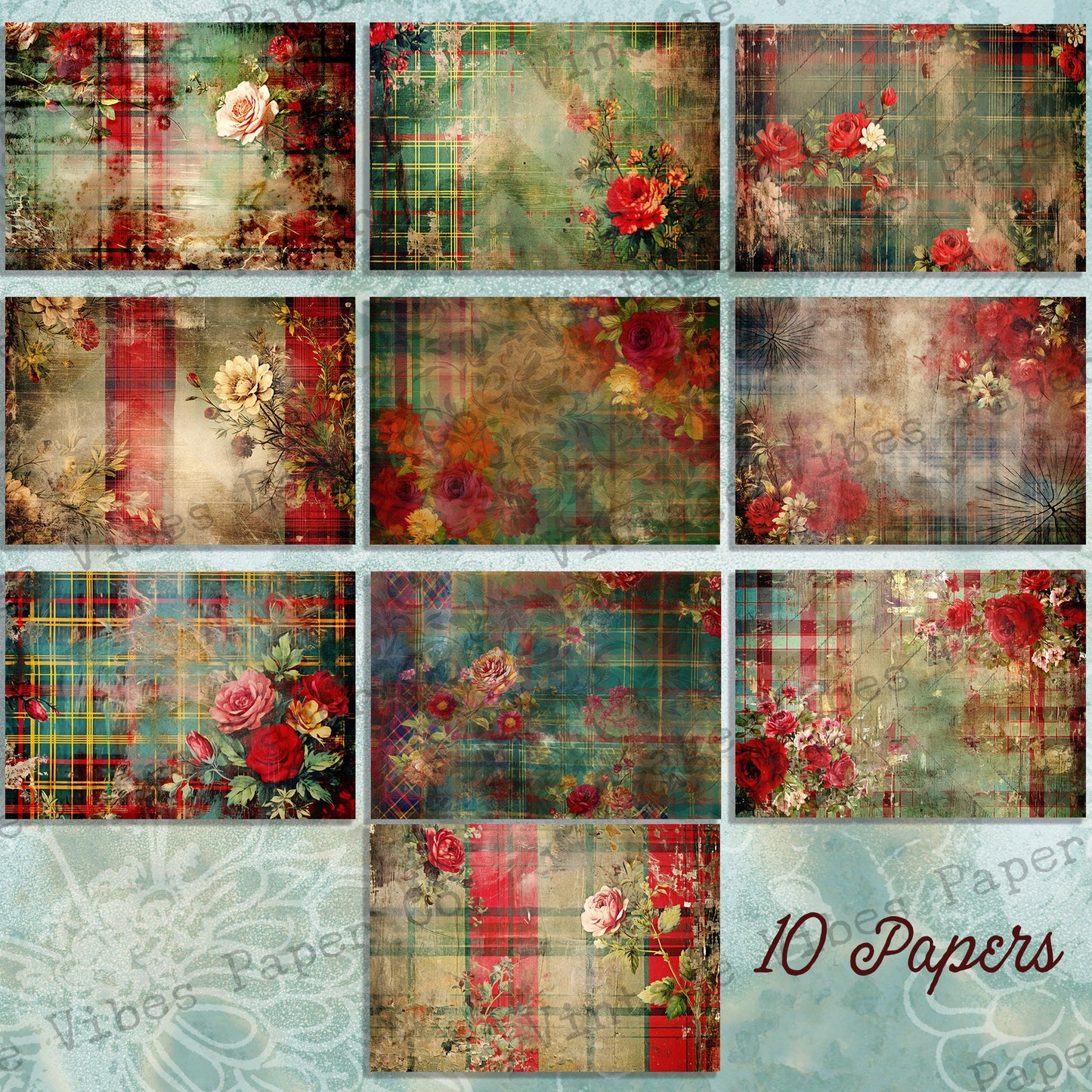 Grungy Floral junk journal papers, Grunge red & green tartan floral grunge papers for Junk journals, scrapbooking and card making