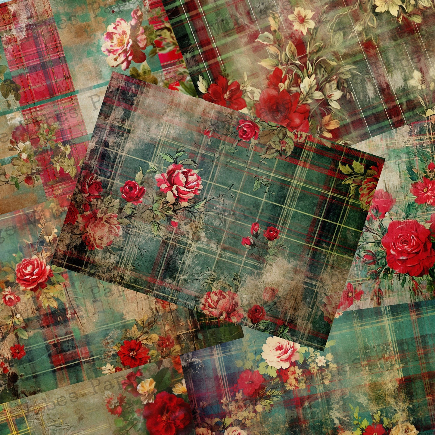 Grungy Floral plaid junk journal papers, Grunge red & green tartan floral grunge papers for Junk journals, scrapbooking and card making set2