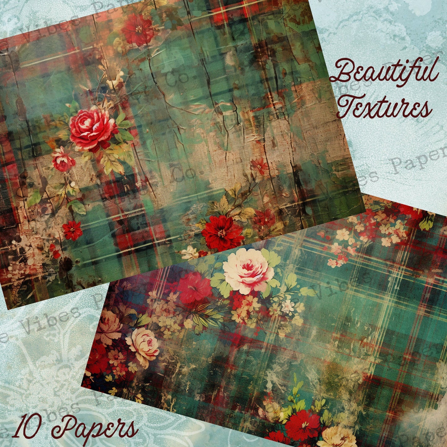 Grungy Floral plaid junk journal papers, Grunge red & green tartan floral grunge papers for Junk journals, scrapbooking and card making set2