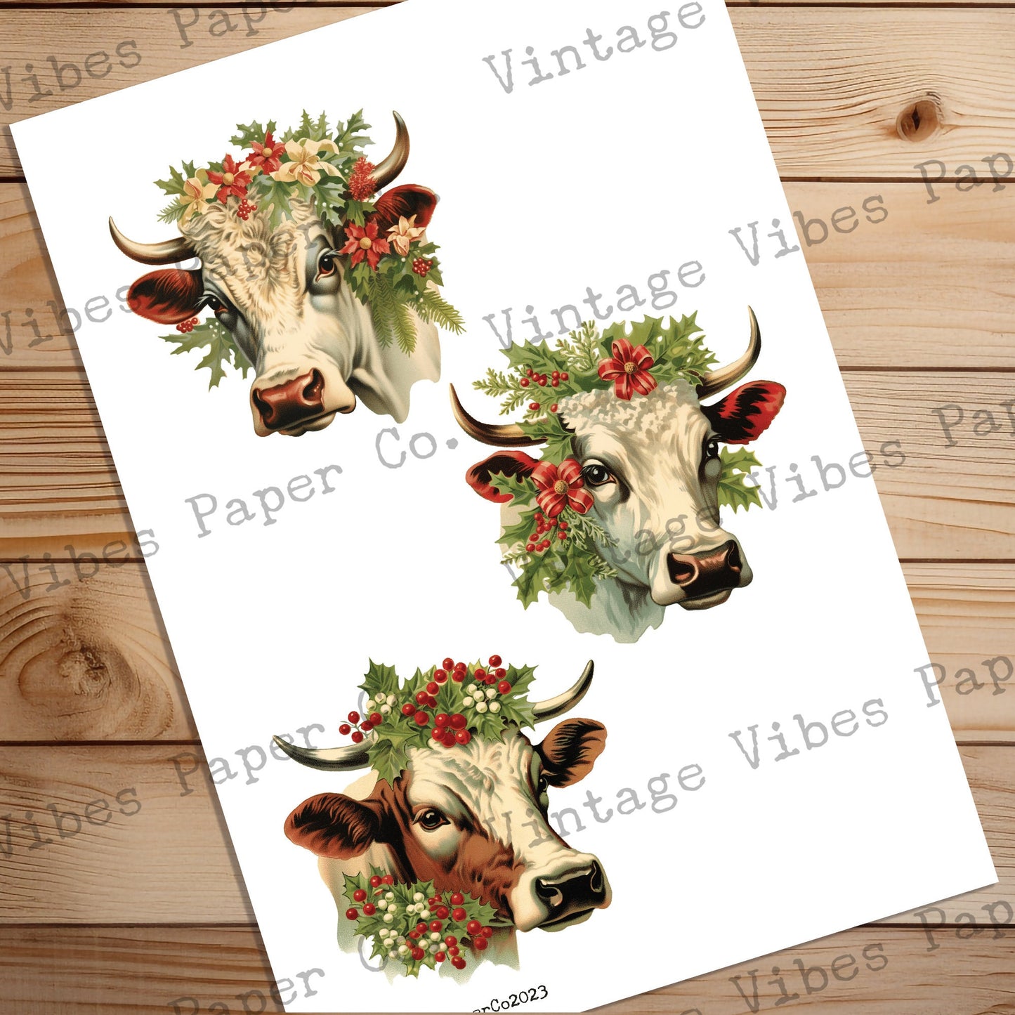 Junk Journal fussy cut ephemera festive cows, digital vintage style farm animal ephemera for junk journals, digital printable embellishments