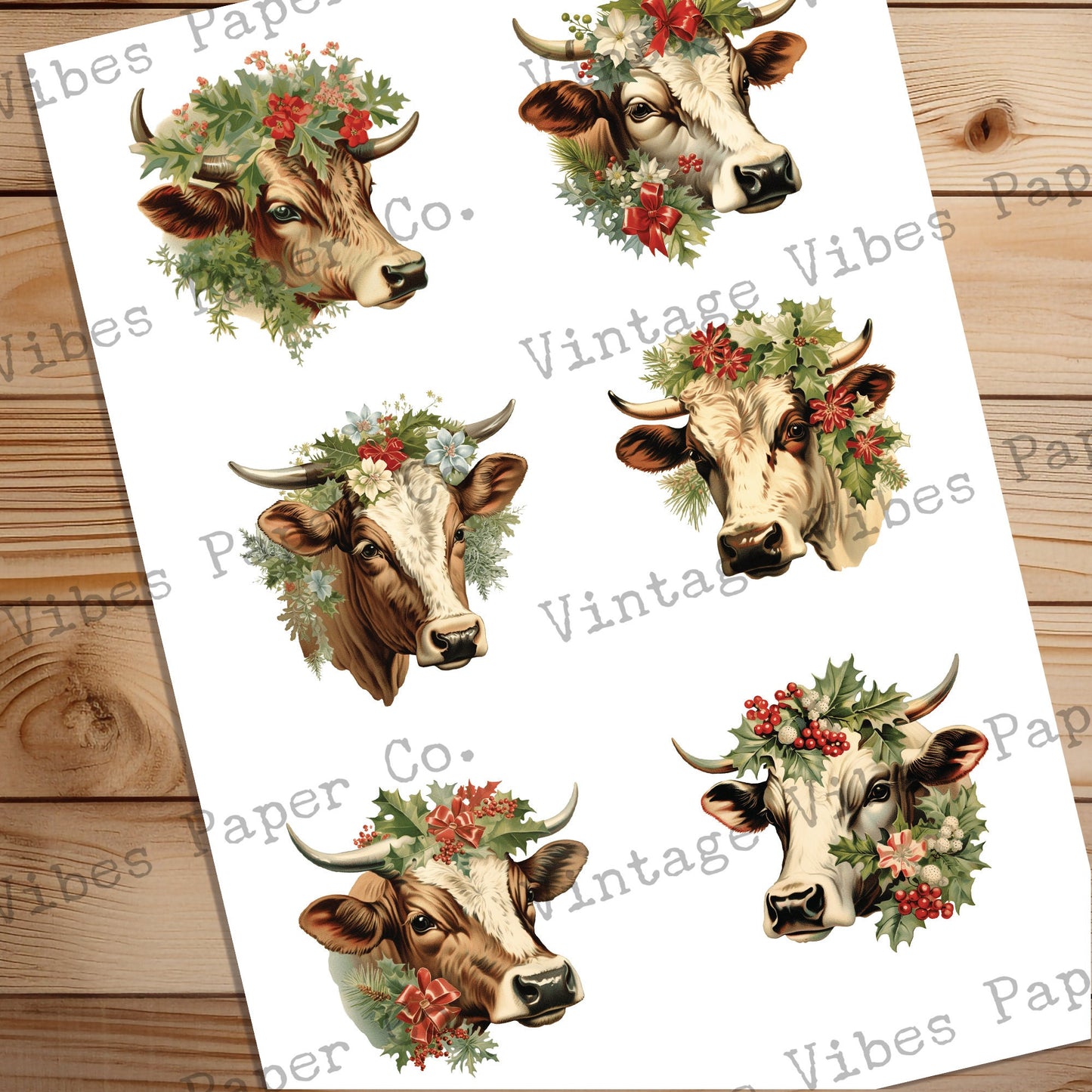 Junk Journal fussy cut ephemera festive cows, digital vintage style farm animal ephemera for junk journals, digital printable embellishments