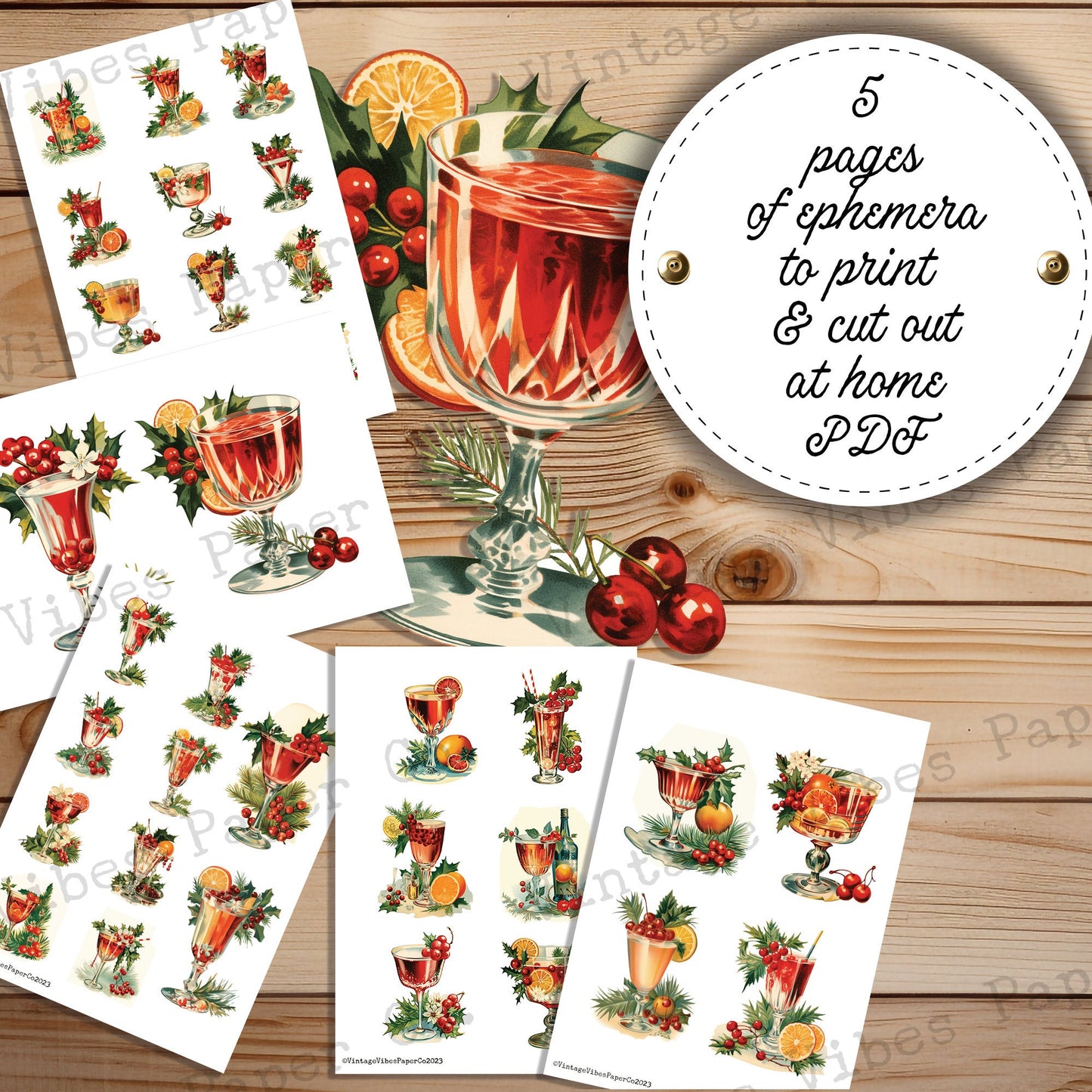 Junk Journal fussy cut ephemera festive cocktails, digital vintage style drinks ephemera for junk journals, digital printable embellishments