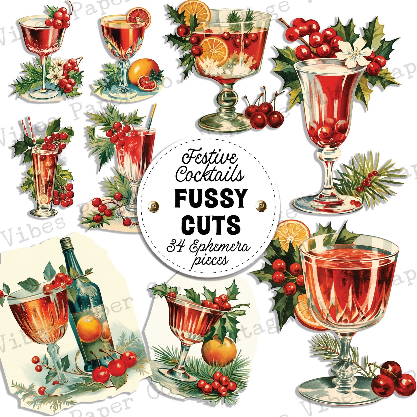 Junk Journal fussy cut ephemera festive cocktails, digital vintage style drinks ephemera for junk journals, digital printable embellishments