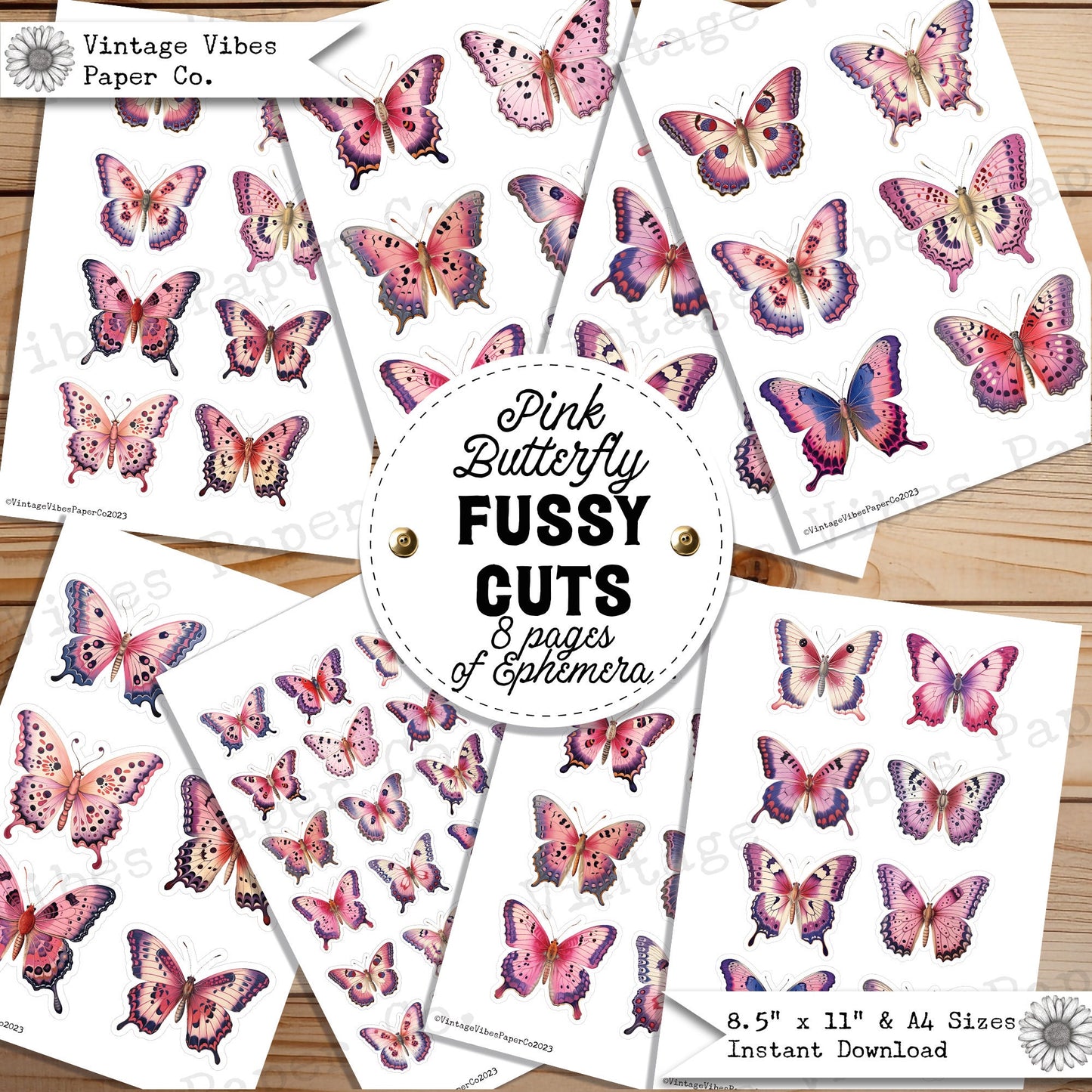 Junk Journal fussy cut ephemera pink butterflies, digital vintage butterfly ephemera for junk journals, digital printable embellishments