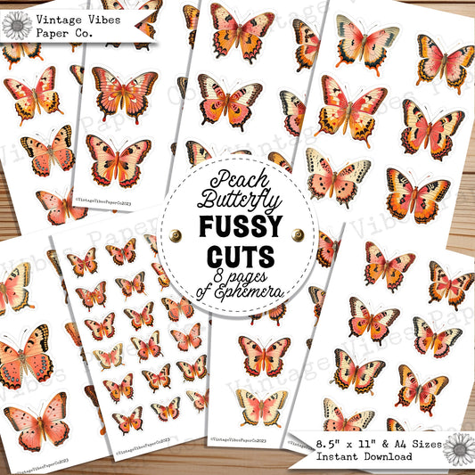 Junk Journal fussy cut ephemera peach butterflies, digital vintage butterfly ephemera for junk journals, digital printable embellishments