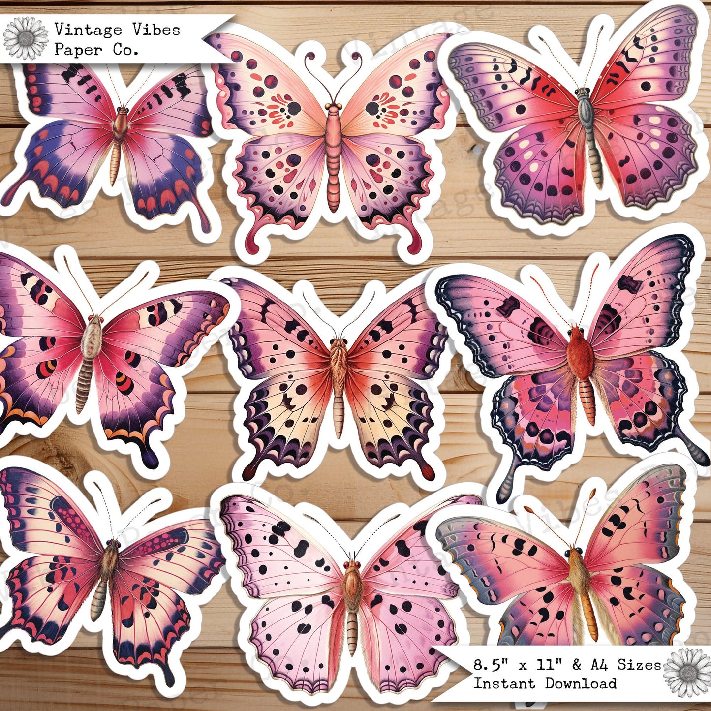 Junk Journal fussy cut ephemera pink butterflies, digital vintage butterfly ephemera for junk journals, digital printable embellishments