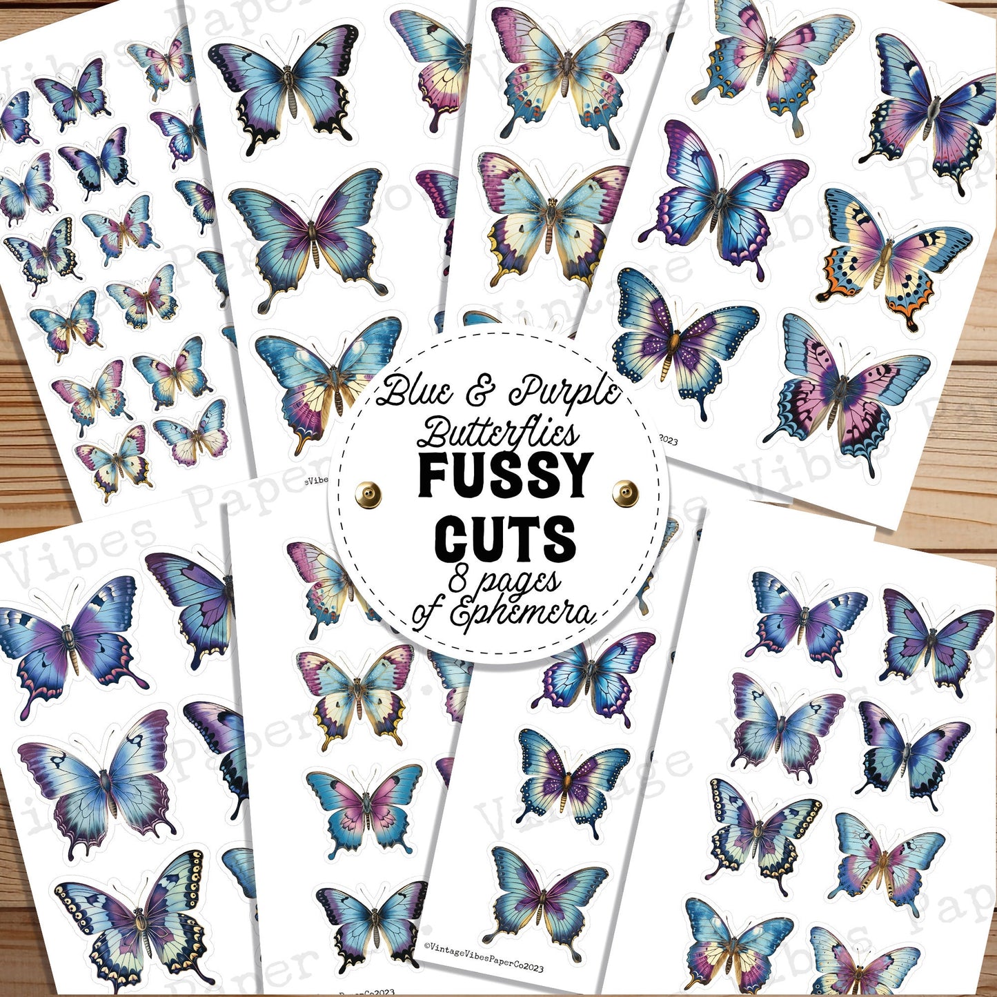 Junk Journal fussy cut ephemera Blue & purple butterflies, digital vintage butterfly ephemera for junk journals, printable embellishment