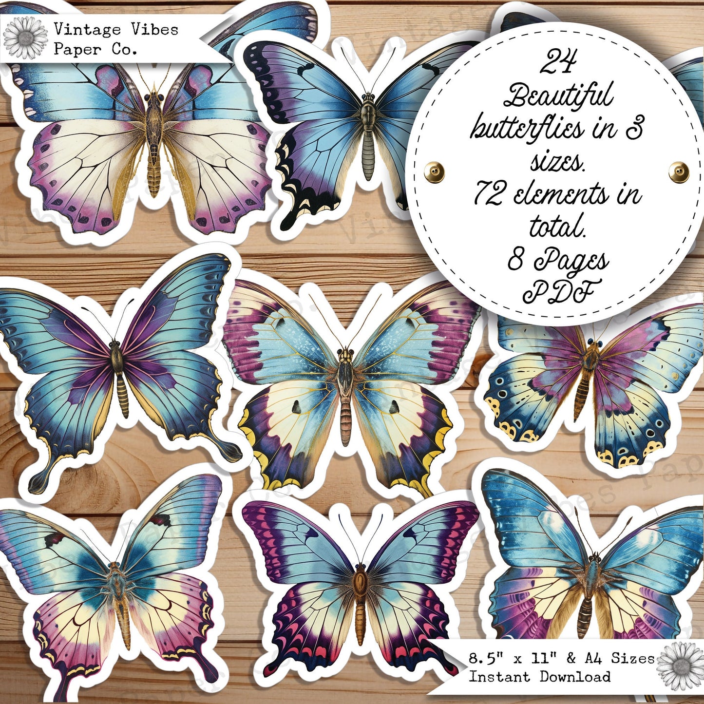 Junk Journal fussy cut ephemera Blue & purple butterflies, digital vintage butterfly ephemera for junk journals, printable embellishment