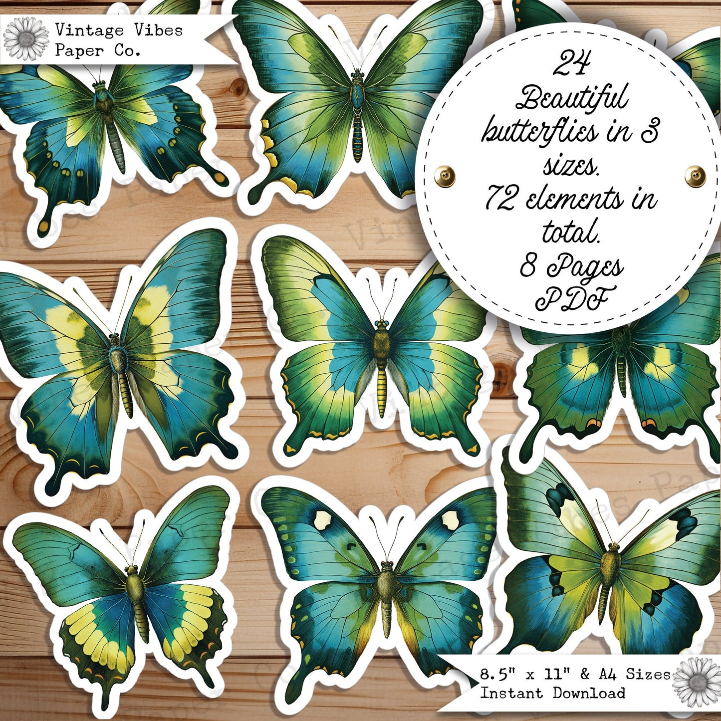 Junk Journal fussy cut ephemera Green butterflies, digital vintage butterfly ephemera for junk journals, digital printable embellishments