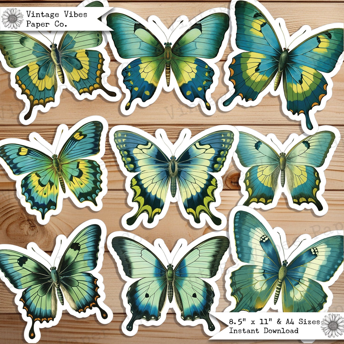 Junk Journal fussy cut ephemera Green butterflies, digital vintage butterfly ephemera for junk journals, digital printable embellishments