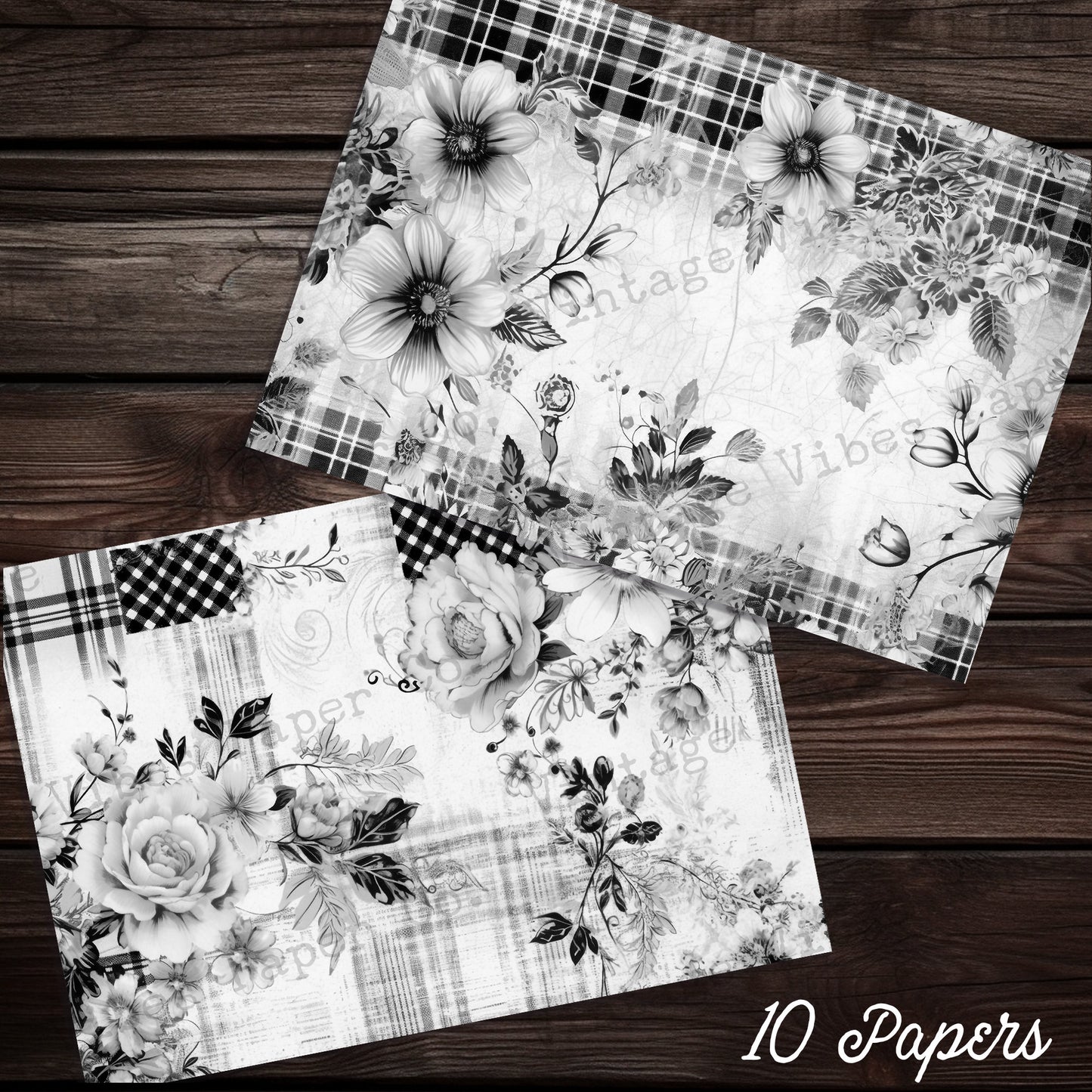 Black & White grunge floral junk journal papers, ink saver papers monochrome flower plaid papers for scrapbooking and junk journals