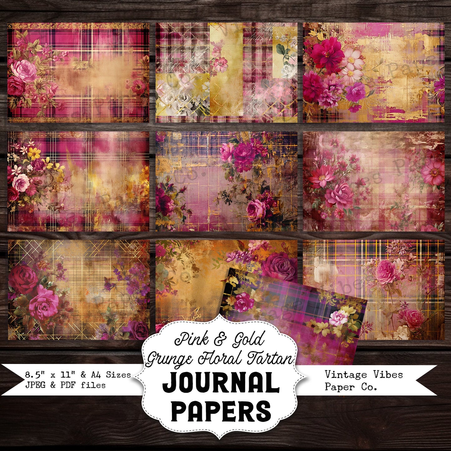 Pink & Gold grunge floral junk journal papers, grungy tartan flower plaid papers for scrapbook and junk journal, shabby grunge collage pages