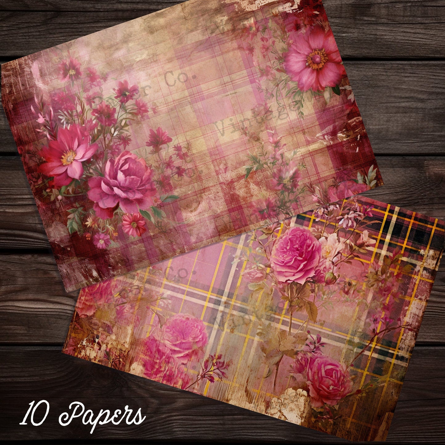 Pink & Gold grunge floral junk journal papers, grungy tartan flower plaid papers for scrapbook and junk journal, shabby grunge collage pages