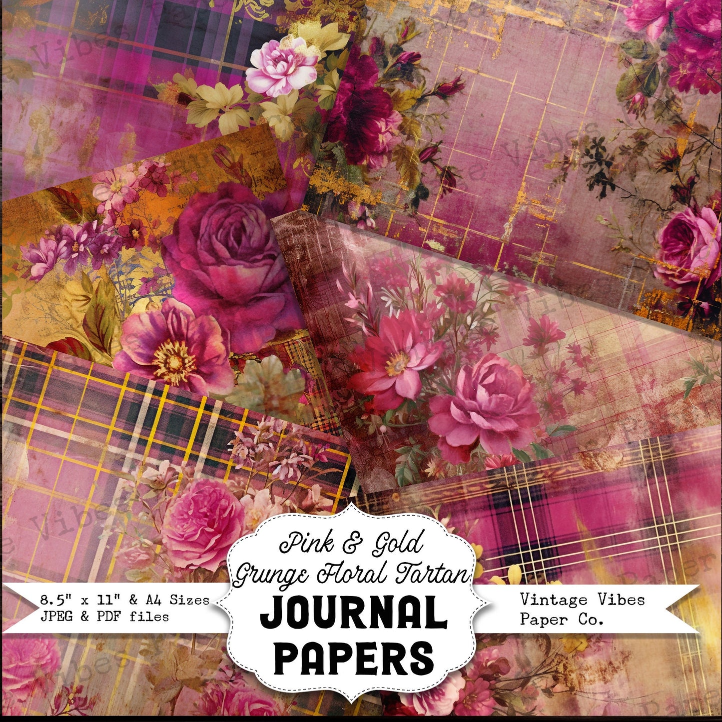 Pink & Gold grunge floral junk journal papers, grungy tartan flower plaid papers for scrapbook and junk journal, shabby grunge collage pages