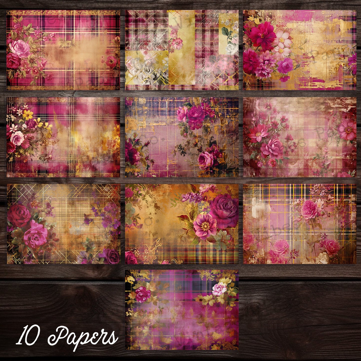 Pink & Gold grunge floral junk journal papers, grungy tartan flower plaid papers for scrapbook and junk journal, shabby grunge collage pages