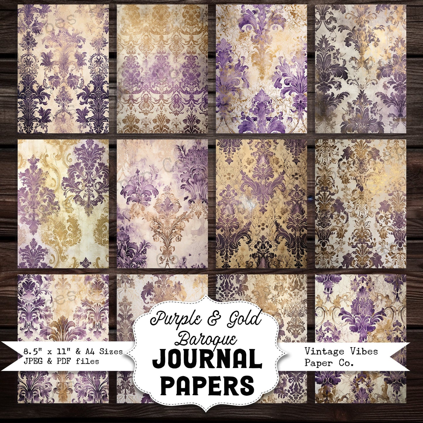 Junk journal papers Grunge Baroque purple, textured vintage junk journal papers, instant download printable digital junk journal paper kit