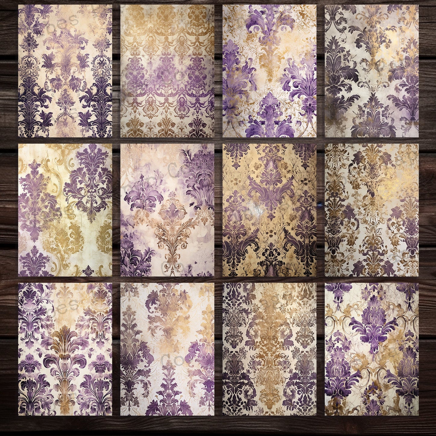 Junk journal papers Grunge Baroque purple, textured vintage junk journal papers, instant download printable digital junk journal paper kit