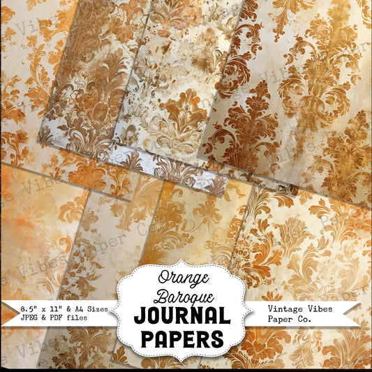 Junk journal papers Grunge Baroque Orange, textured vintage junk journal papers, instant download printable digital junk journal paper kit