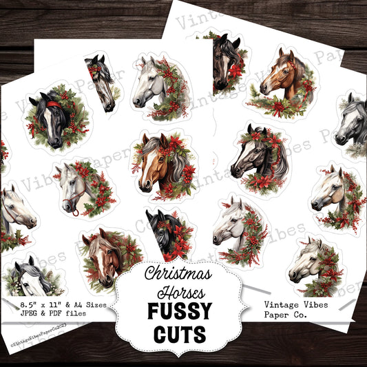 Christmas Horse junk journal fussy cuts, digital collage cut outs for festive junk journal, winter horse ephemera printable sheets