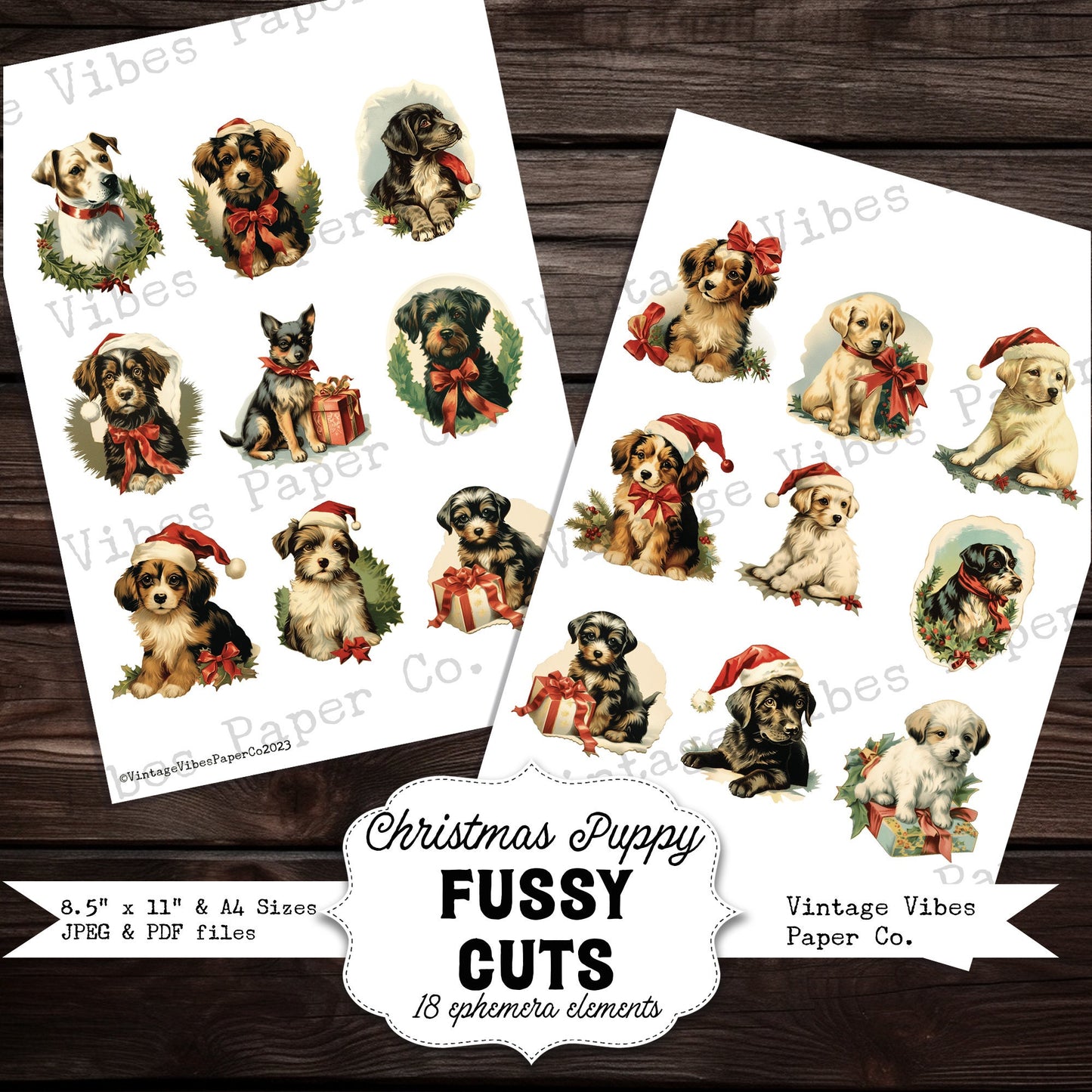 Christmas puppy junk journal fussy cuts, Festive dogs junk journal ephemera, collage cut outs, digital ephemera printable sheets