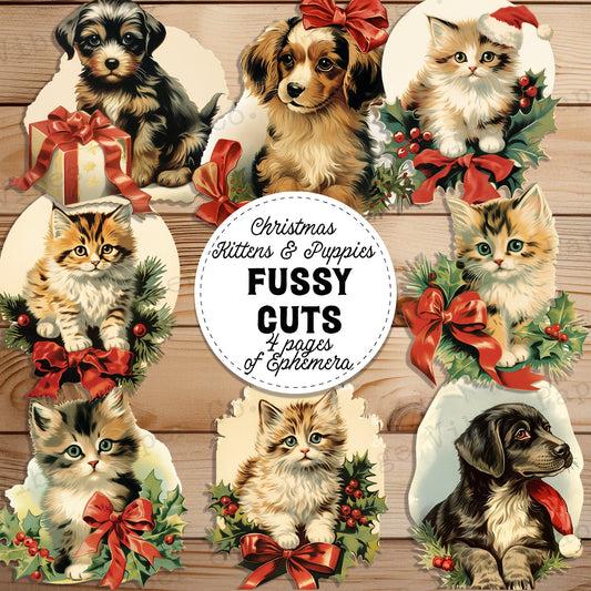 Christmas Kittens & Puppies fussy cut ephemera sheets, cats and dogs festive collage cut outs, digital printable ephemera for junk journals