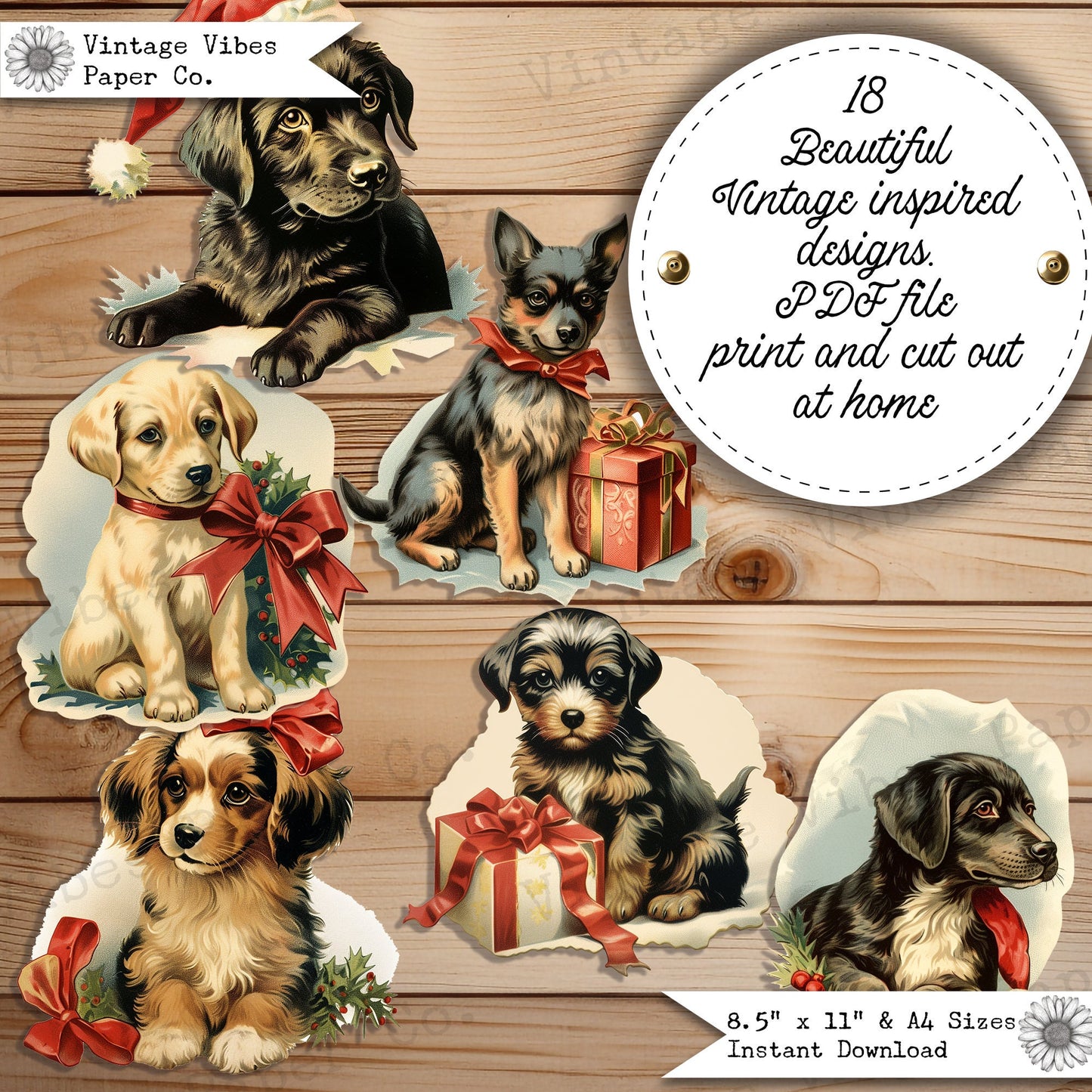 Christmas puppy junk journal fussy cuts, Festive dogs junk journal ephemera, collage cut outs, digital ephemera printable sheets