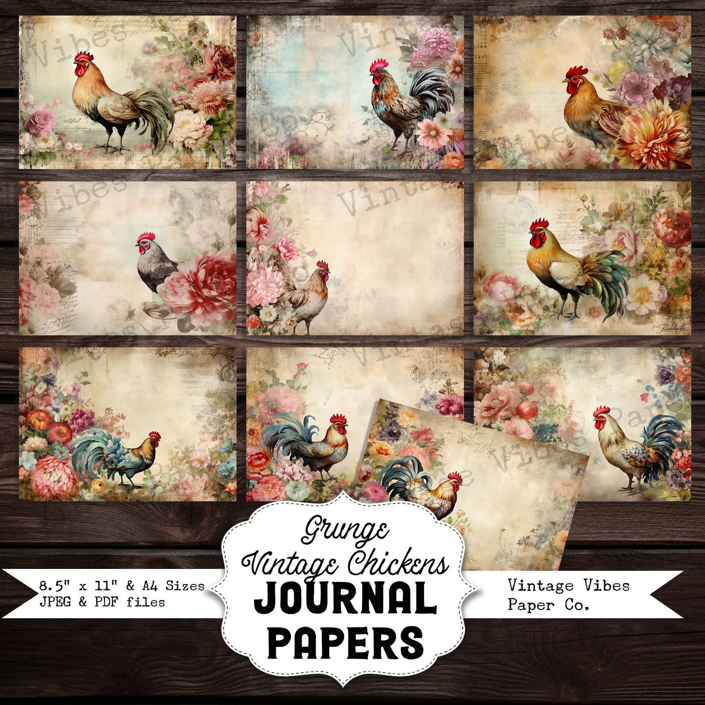 Junk journal printable papers Vintage chickens, farmyard theme junk journal digital papers for scrapbooking cards, vintage ephemera