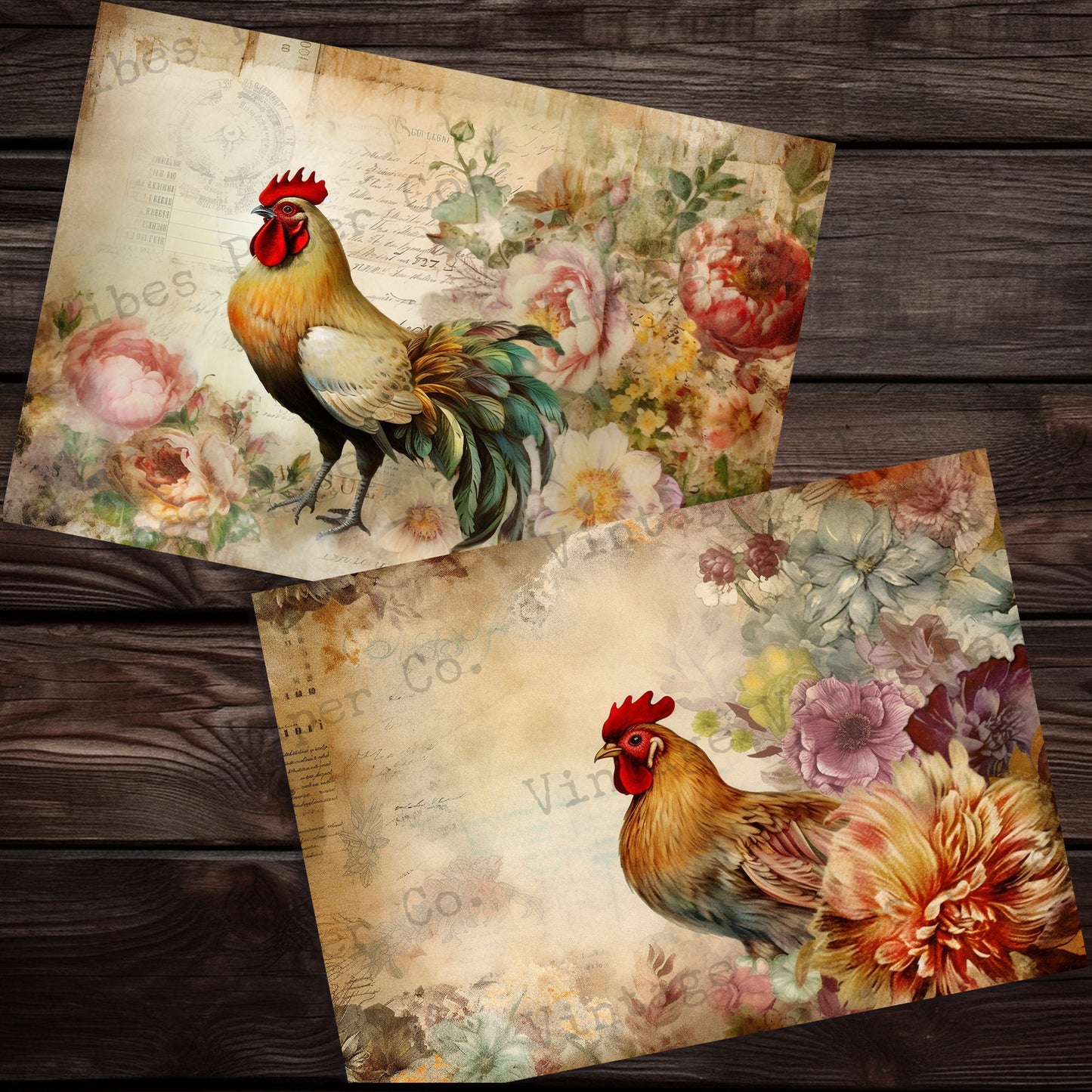 Junk journal printable papers Vintage chickens, farmyard theme junk journal digital papers for scrapbooking cards, vintage ephemera