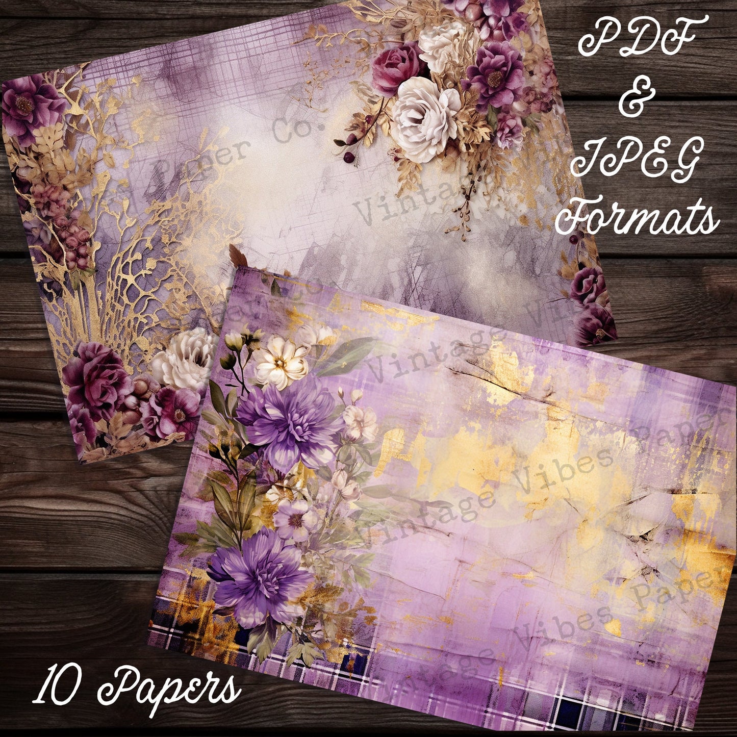 Purple & gold Grunge floral junk journal papers, digital instant download printable papers, vintage flower background papers for scrapbooks