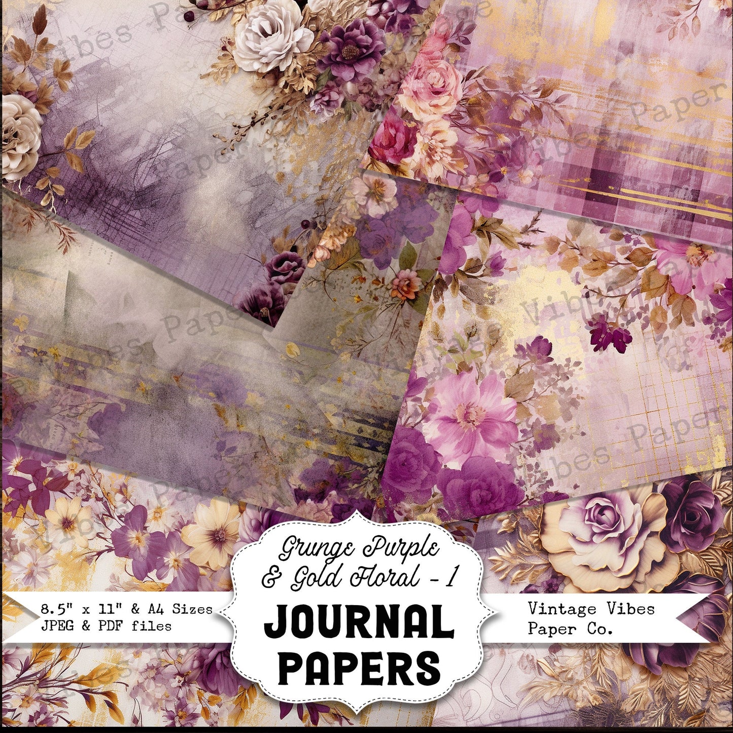 Purple & gold Grunge floral junk journal papers, digital instant download printable papers, vintage flower background papers for scrapbooks