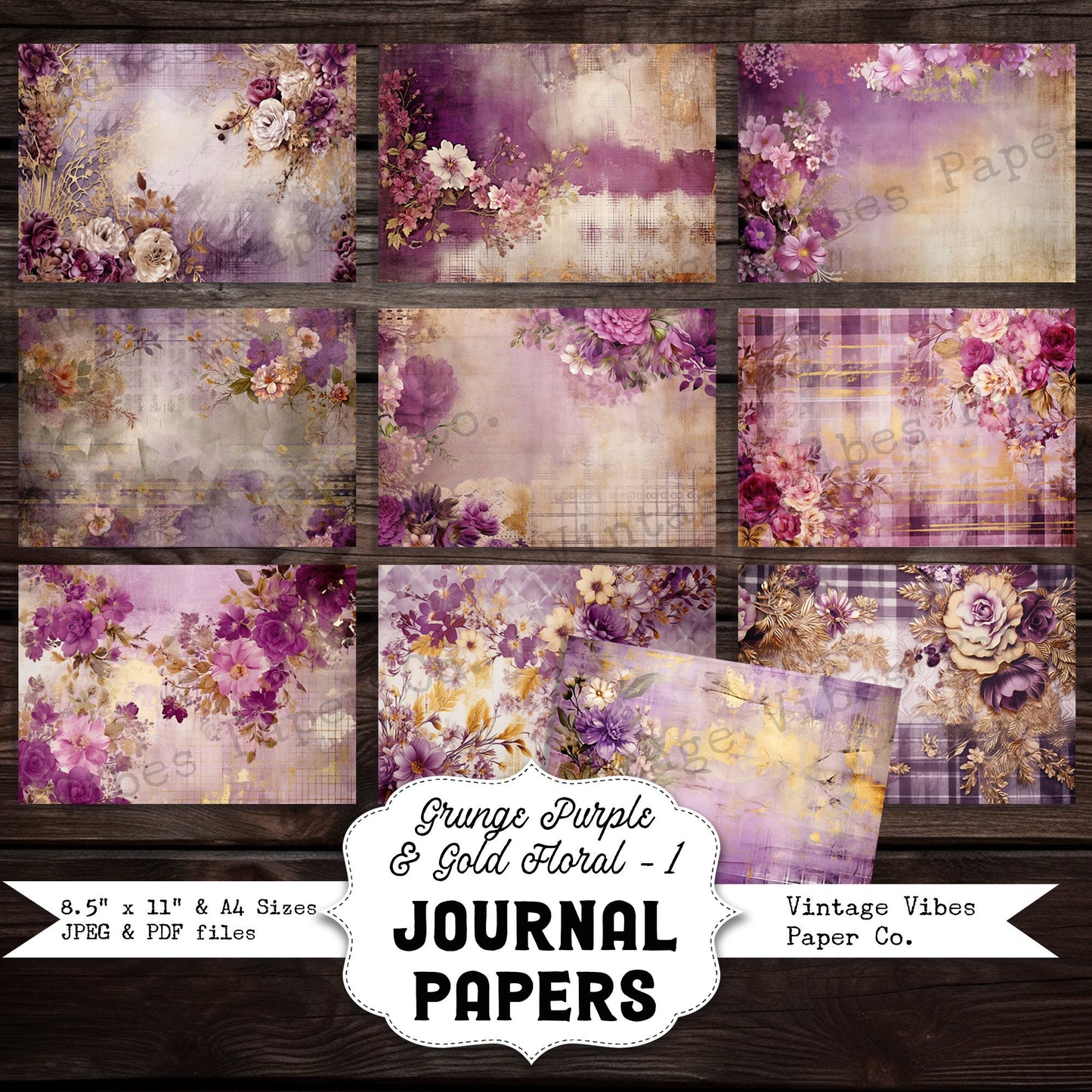 Purple & gold Grunge floral junk journal papers, digital instant download printable papers, vintage flower background papers for scrapbooks