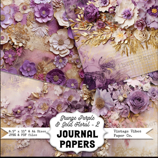 Purple & gold 2 Grunge floral junk journal papers, digital instant download printable papers, vintage flower background papers for scrapbook