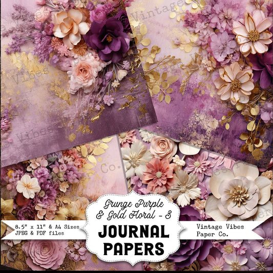 Purple & gold 3 Grunge floral junk journal papers, digital instant download printable papers, vintage flower background papers for scrapbook