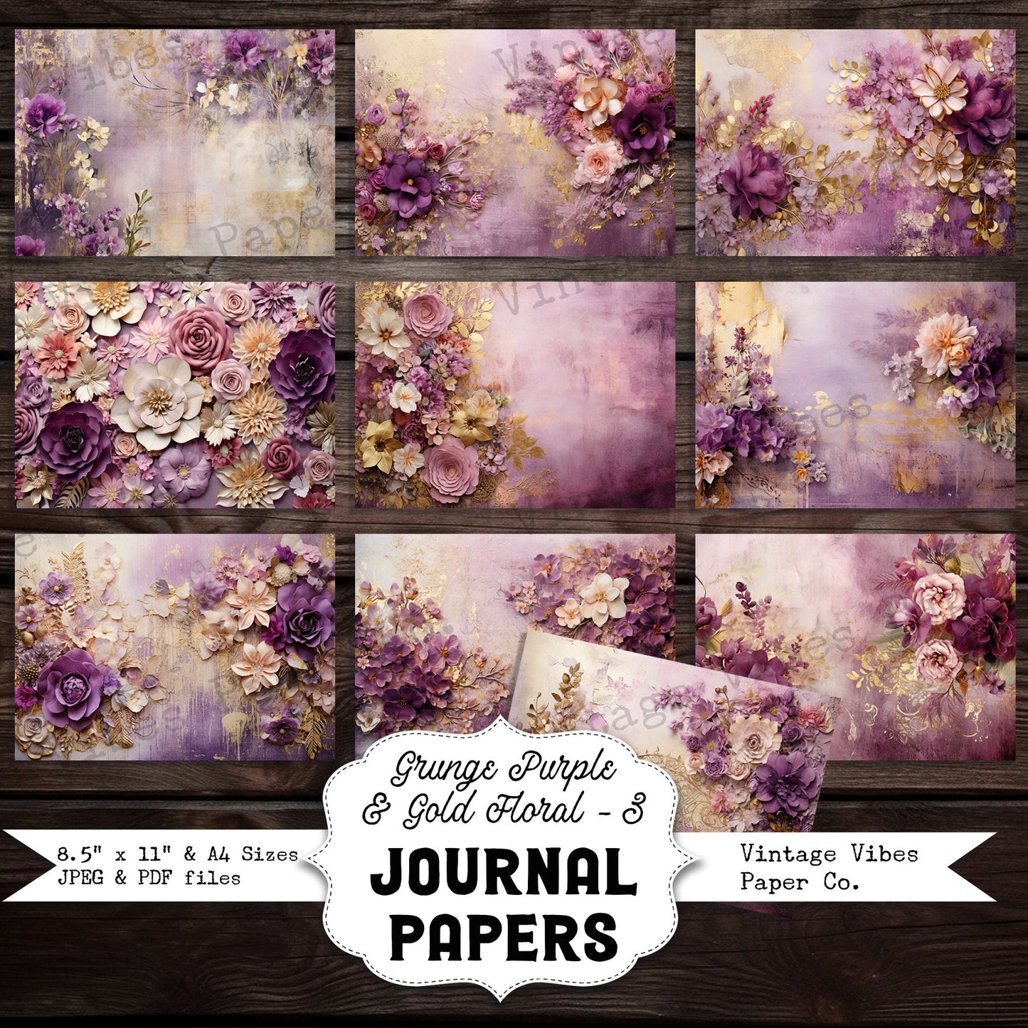 Purple & gold 3 Grunge floral junk journal papers, digital instant download printable papers, vintage flower background papers for scrapbook