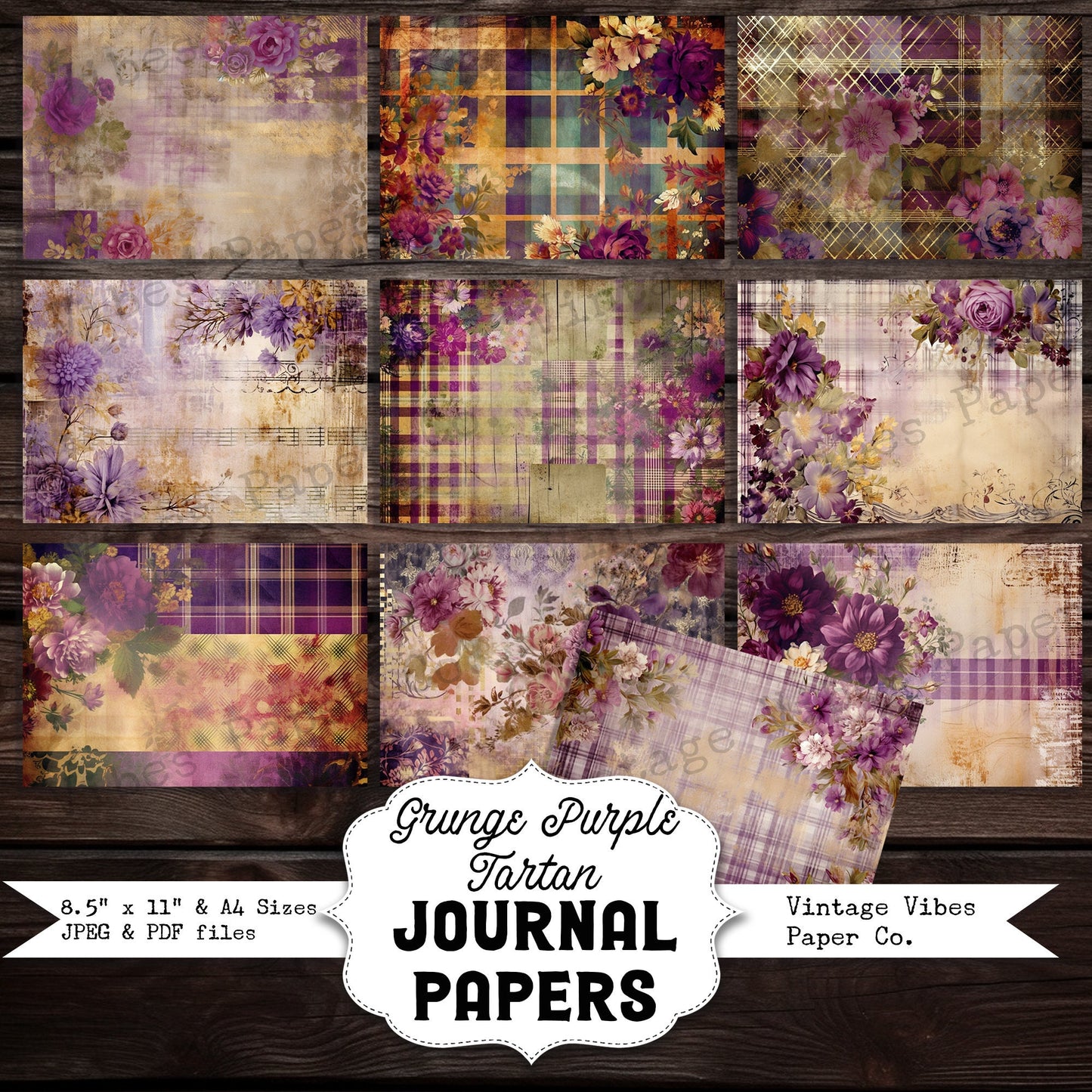 Junk journal papers purple Grunge floral tartan, rustic grungy plaid patterned textured collage pages for junk journaling & mixed media