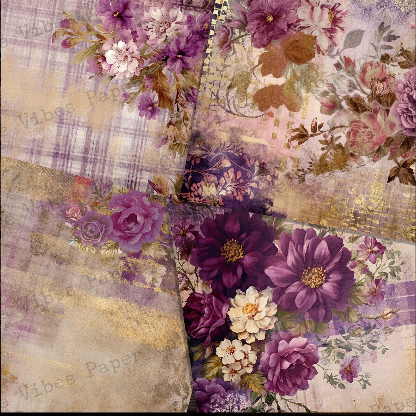 Junk journal papers purple Grunge floral tartan, rustic grungy plaid patterned textured collage pages for junk journaling & mixed media