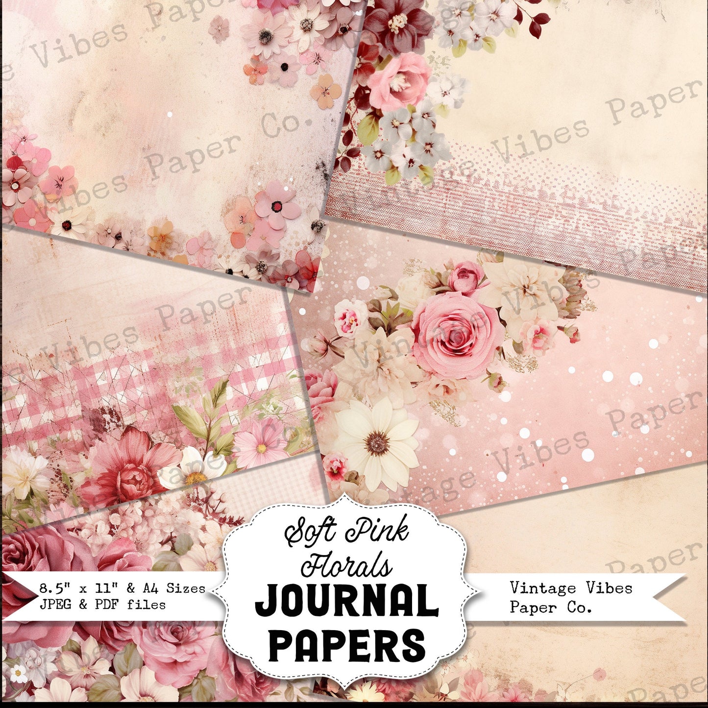 Junk journal digital paper pack soft pink florals, vintage collage sheet Pastel pink flowers, printable papers for scrapbooking and journals