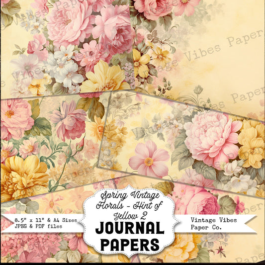 Junk journal digital paper pack spring florals yellow floral, vintage collage sheet pink & yellow flowers, printable papers for junk journal