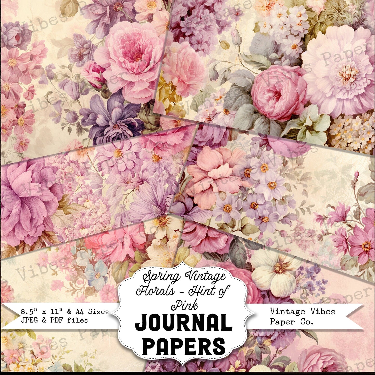 Junk journal digital paper pack spring florals pink, vintage collage sheet hint of pink flowers, printable papers for junk journal