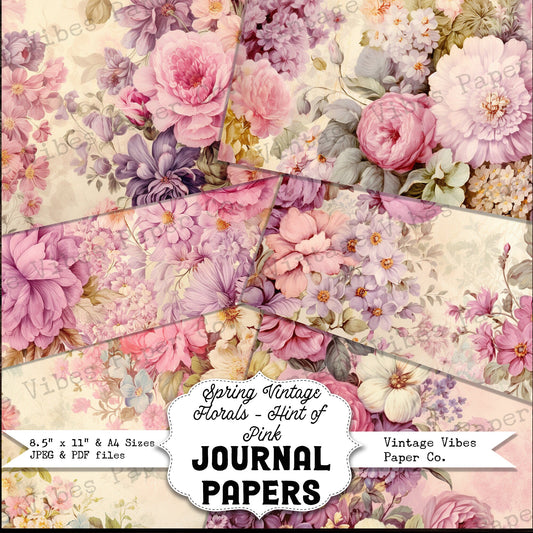 Junk journal digital paper pack spring florals pink, vintage collage sheet hint of pink flowers, printable papers for junk journal