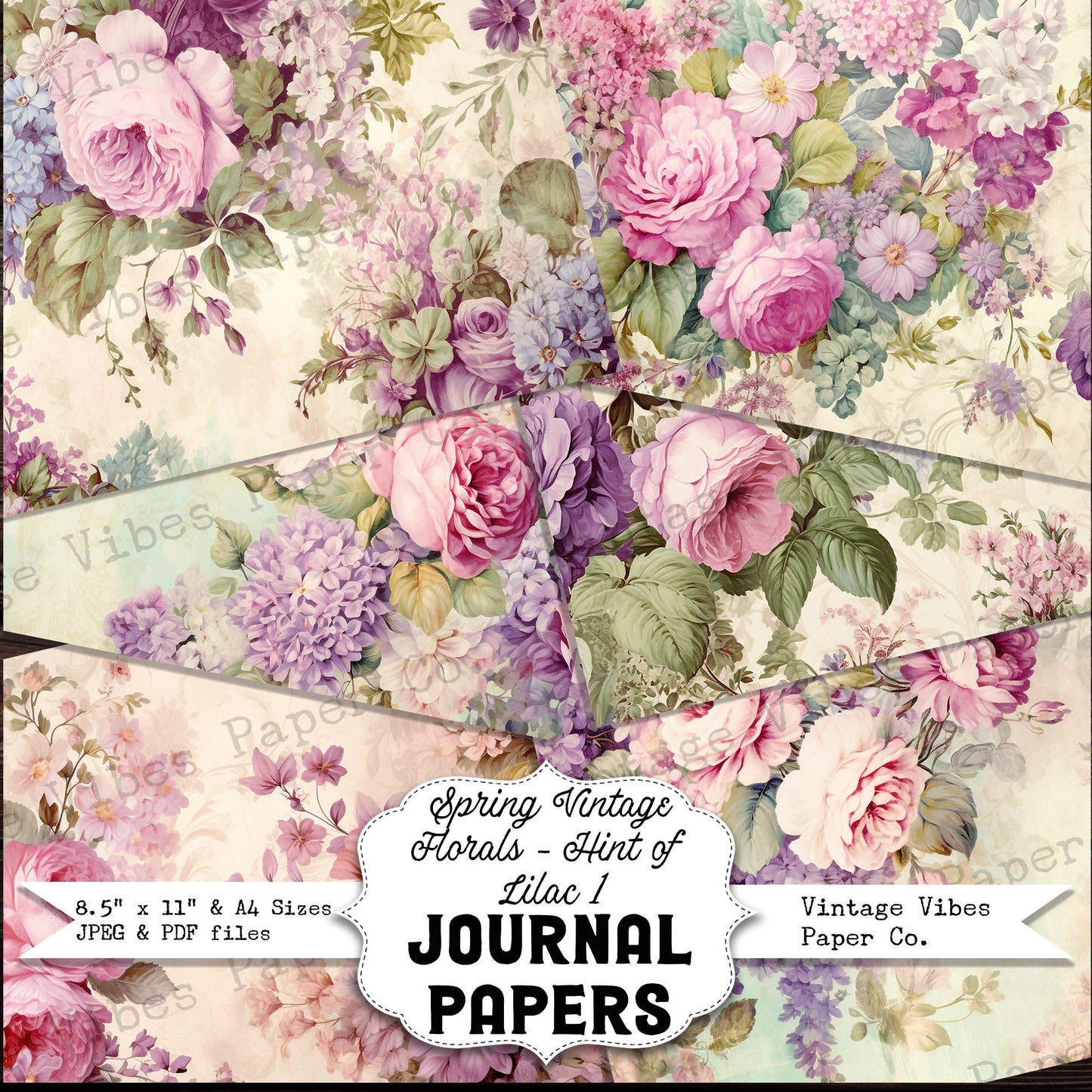 Junk journal digital paper pack spring florals lilac, vintage collage sheet hint of lilac flowers, printable papers for junk journal