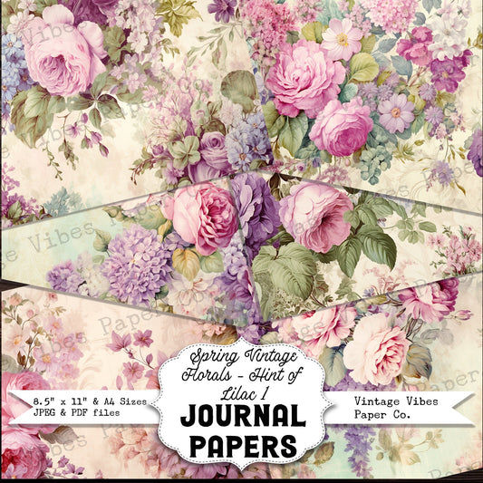 Junk journal digital paper pack spring florals lilac, vintage collage sheet hint of lilac flowers, printable papers for junk journal